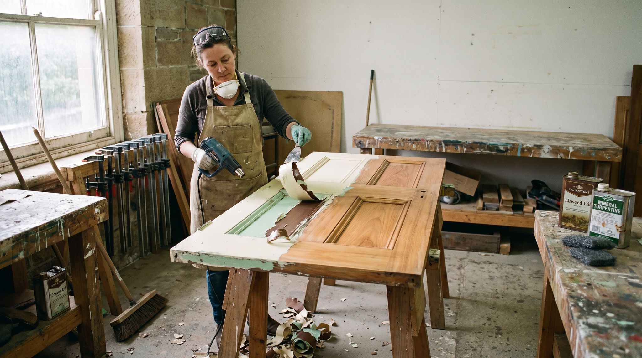 A restorer in a Hobart workshop strips old paint from a timber door to show the hardwood underneath.
