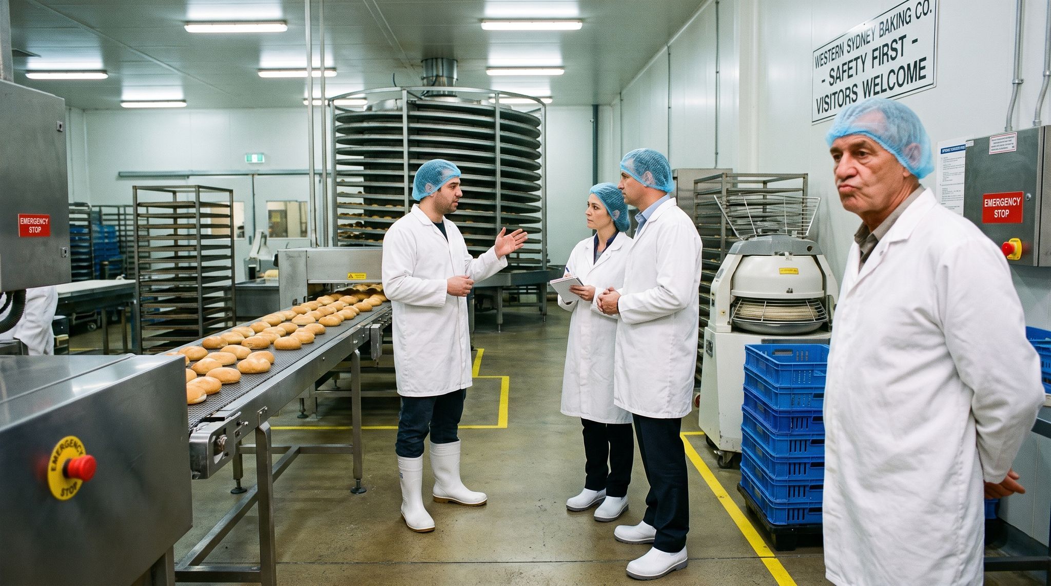 On a bakery floor the production manager answers a buyer's questions while the founder stands back, silent.