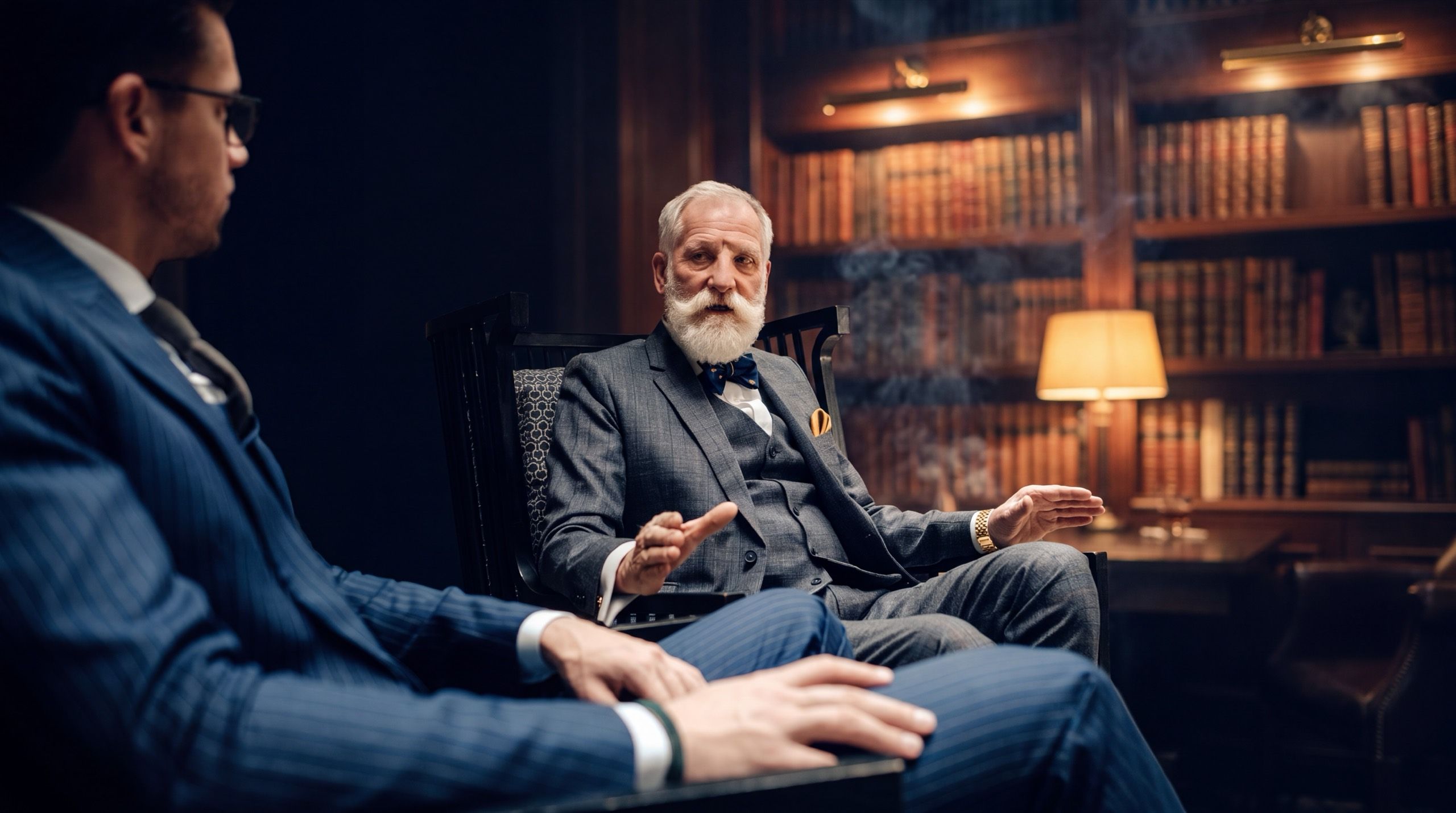 Two men in conversation in a low-lit members'-club library, one gesturing as he speaks, walls of leather-bound books and a brass lamp behind them.