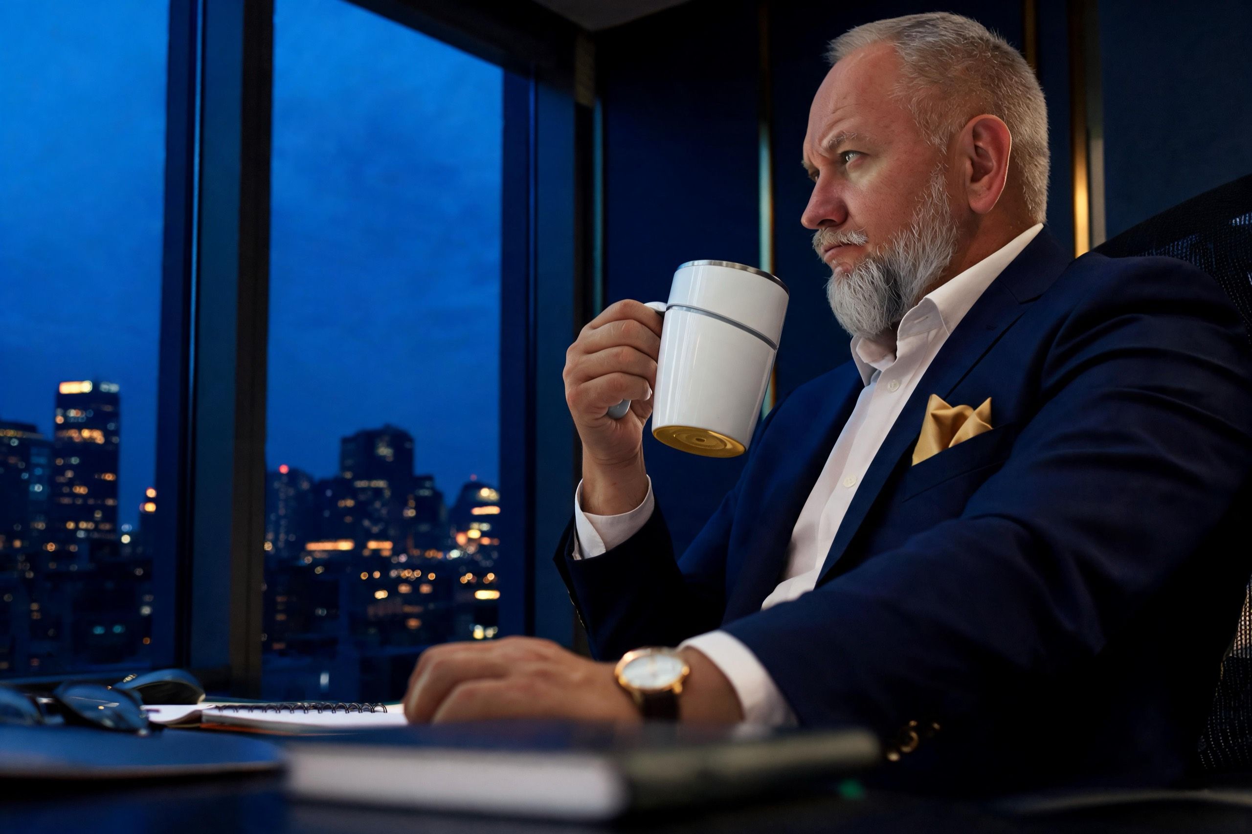 A distinguished older man in a navy suit in a low-lit panelled office at night, coffee in hand, gazing out over a city skyline in deliberate thought.