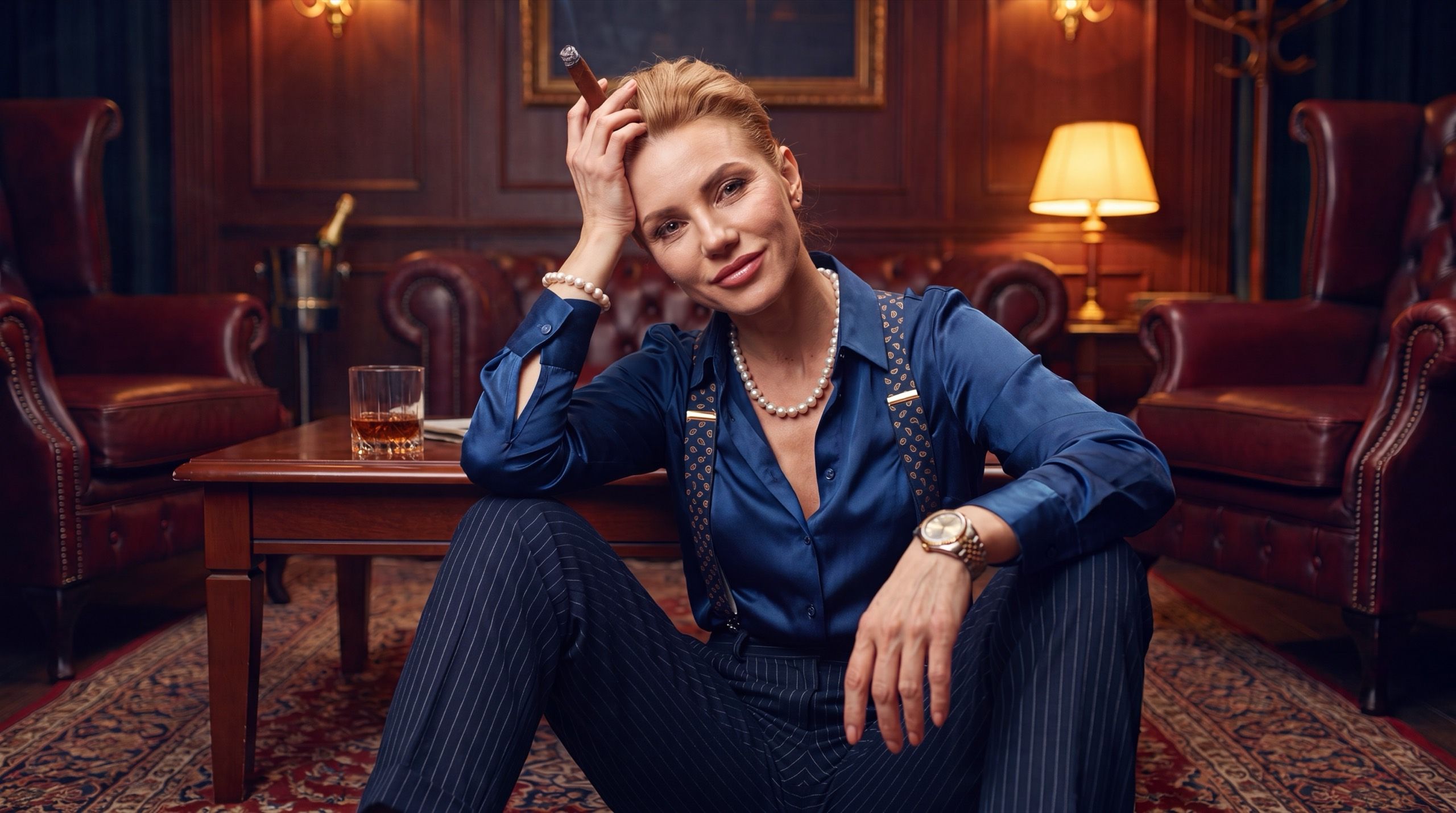 A poised, successful woman in a blue silk shirt and pinstripe trousers sits at ease on the floor of a warm members' club, a cigar in hand, a glass of whisky and a champagne bucket on the low table beside her.