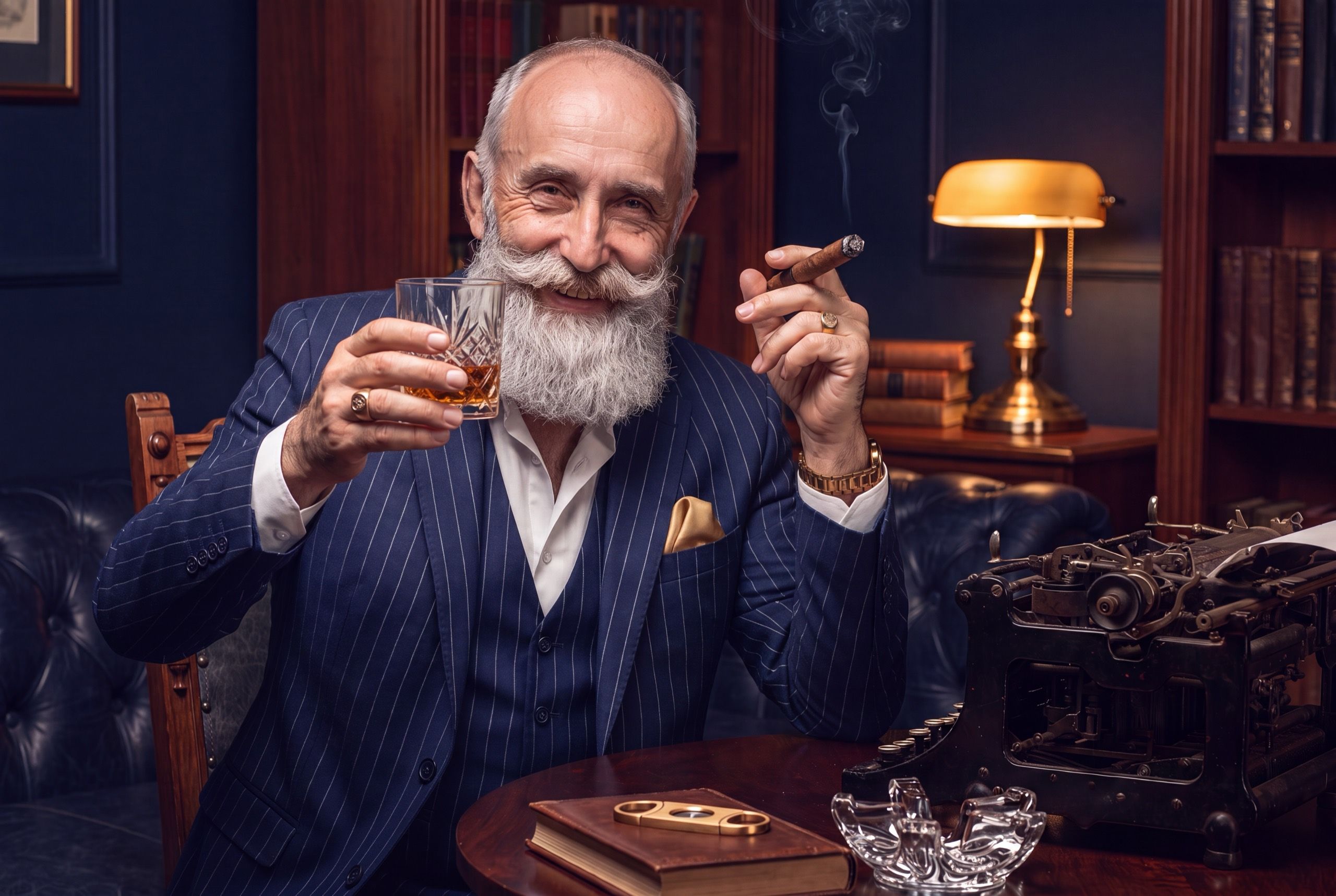 A bald, bearded gentleman in a navy chalk-stripe suit raises a glass of whisky in a warm, low-lit club study, a cigar in his other hand, an antique typewriter and a brass lamp beside him.