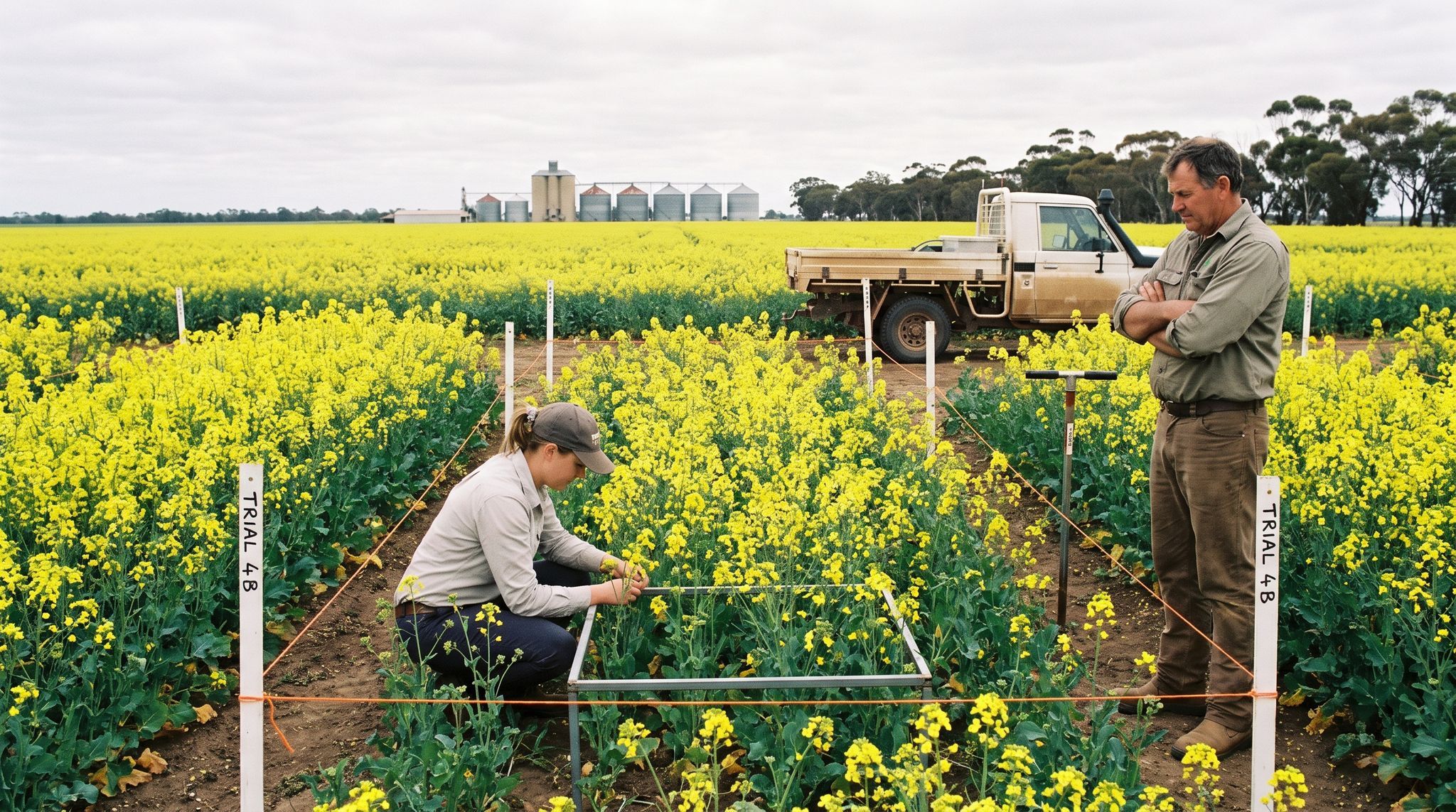 An agronomist kneels in a small pegged trial plot in a Wimmera canola paddock while the grower watches.