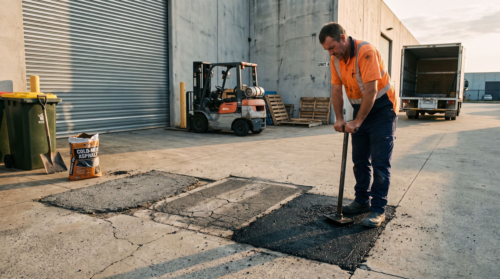 A worker tamps fresh asphalt on a third patch beside two older ones in an industrial estate yard.
