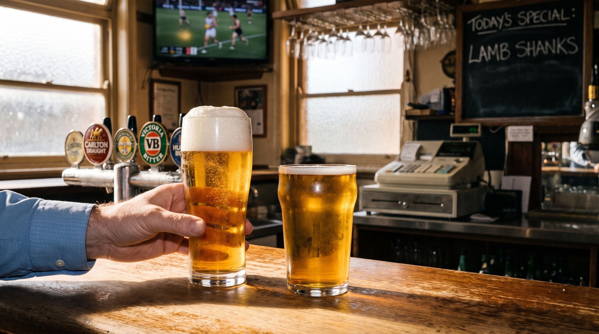A hand reaches for a pint that is a third froth, beside a fuller glass, on a Melbourne pub bar.