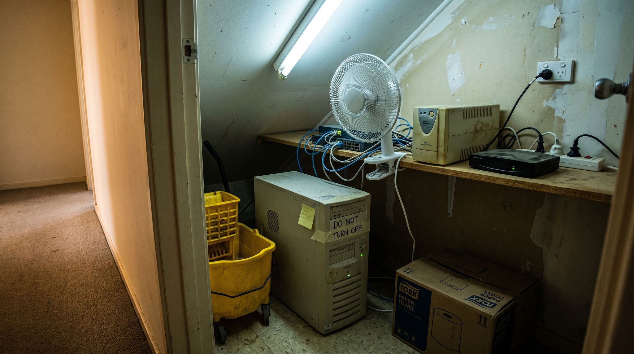 An old server in a cleaner's cupboard, a desk fan on top and a masking tape note saying do not turn off.