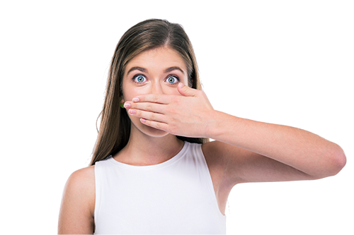 A woman with her hand over her mouth